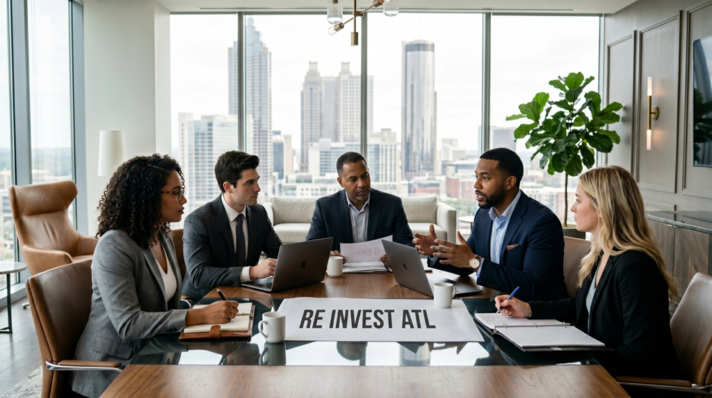 A Millennial real estate investor and his professional team engaged in a focused discussion inside a modern, luxurious Atlanta office. Large floor-to-ceiling windows reveal a soft-focus city skyline in the background. The scene features contemporary high-end furniture, professional business attire, and serious, collaborative expressions reflecting a strategic meeting. Natural light fills the space, highlighting textures of wood and glass while maintaining the original composition and group dynamic.