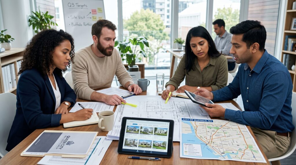 Two millennial couples engaged in a focused business meeting around a table filled with property documents, architectural blueprints, and digital tablets displaying real estate listings. The scene captures a collaborative atmosphere with professional-casual attire and earnest expressions. Subtle regional details, like a map of Buffalo, New York, are visible on the table. The lighting is soft and natural, emphasizing a realistic professional setting with clear details on the paperwork and tech devices.