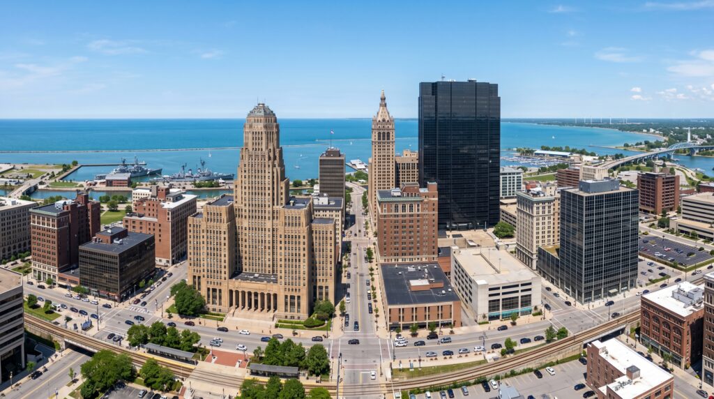 A wide-angle panoramic view of the Buffalo, New York skyline, highlighting the distinct architectural details of City Hall and the surrounding downtown buildings. The composition captures the urban layout with natural daylight, emphasizing the metallic and stone textures of the cityscape against a clear atmosphere, with the serene expanse of Lake Erie lining the horizon.