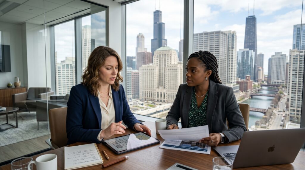 Two professional Millennial women in sophisticated business-casual attire engaged in a focused discussion within a modern, high-rise office in Chicago. They are looking over property documents and a digital tablet, with a clear view of the iconic Chicago skyline and the Loop's architecture visible through a large floor-to-ceiling window. The scene is illuminated by soft, natural daylight, emphasizing clean lines, professional textures, and a determined, collaborative atmosphere centered on urban real estate strategy.