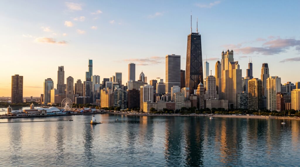 Photorealistic Chicago skyline with detailed architectural textures on the skyscrapers and glass facades. The scene is set during a clear golden hour, with warm, directional sunlight casting soft shadows and highlighting the city's silhouette. The surrounding water features natural ripples and clear reflections of the buildings and the gradient of the sky.