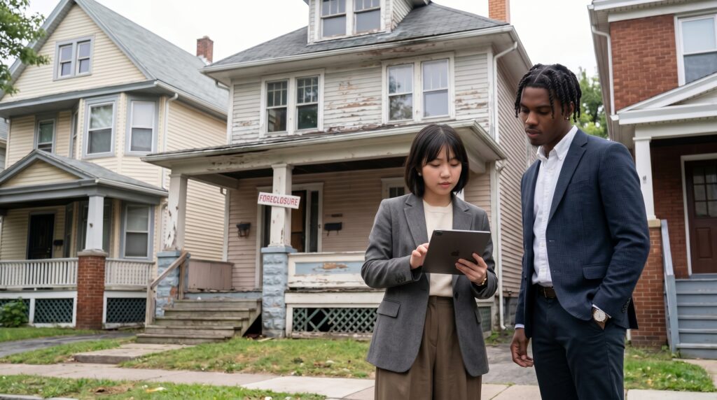 The investors need to be dressed more professionally. Two ambitious Gen Z real estate professionals with a trendy New York City aesthetic, dressed in professional modern business-casual attire, inspecting a weathered residential property in a Buffalo neighborhood. The scene captures their focused and successful demeanor, with one investor reviewing details on a sleek digital tablet. The background reflects the distinct architectural style of Buffalo's older homes, emphasizing a contrast between the polished subjects and the foreclosure site's raw, urban environment.