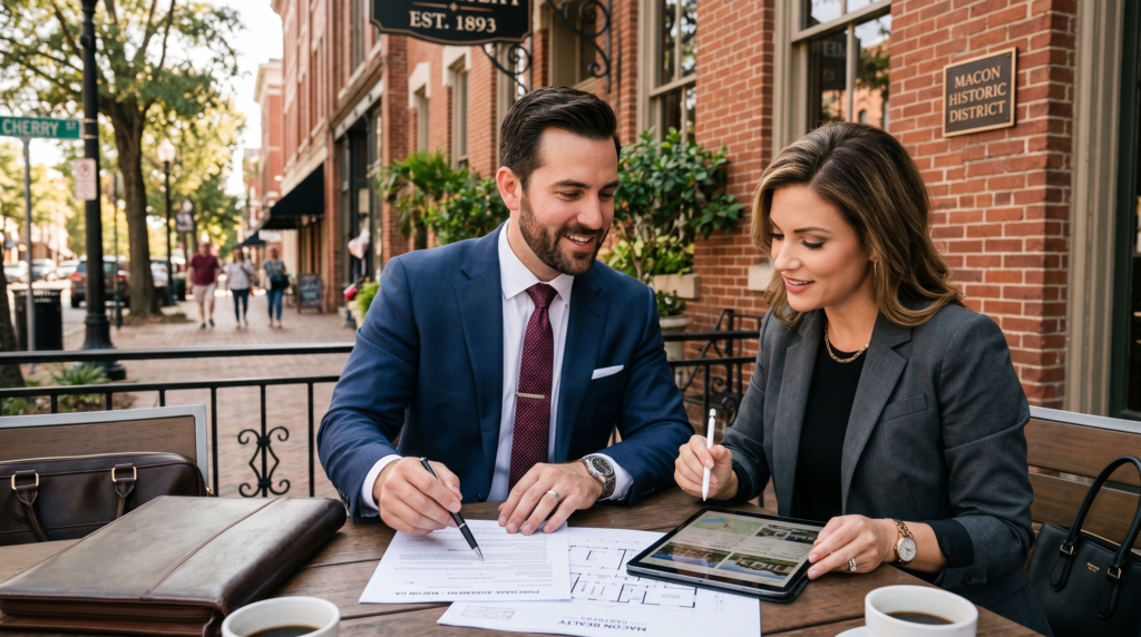 A professionally dressed man and woman in tailored business attire engaged in a focused discussion over real estate documents and a digital tablet. They exhibit an air of confidence and success through refined grooming and premium accessories. The setting captures the architectural essence of Macon, Georgia, with historic brick facades and warm Southern daylight filtering through the scene. The image emphasizes realistic textures of fabric, clear facial expressions, and a professional, affluent atmosphere.
