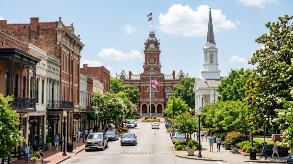 Transform the scene into a photorealistic view of Macon, Georgia, featuring its distinctive historic architecture and lush Southern greenery. Enhance the natural daylight to create a clear, scenic atmosphere with detailed textures on the buildings and vibrant foliage throughout the landscape.