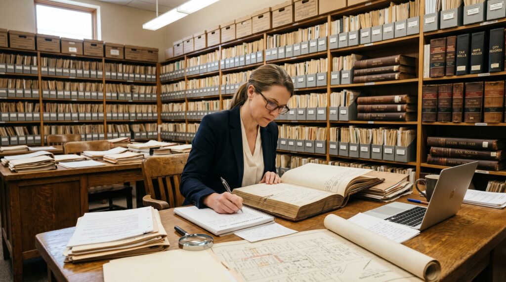 A focused real estate investor diligently reviewing historical property ledgers and ownership files within a municipal archive room. The setting features rows of tall shelves packed with organized legal folders and thick record books. The researcher is seated at a large desk cluttered with opened documents, maps, and handwritten notes. Soft, ambient office lighting highlights the paper textures and the quiet, scholarly atmosphere of the county records department.