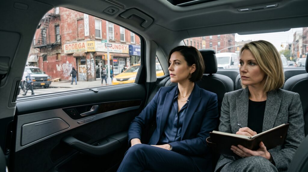 Two professional women in sophisticated business attire seated inside a modern luxury vehicle, their expressions focused and observant as they look through the window. The interior of the car features premium leather and sleek finishes. Outside, the bustling New York City streets reveal weathered brick buildings and storefronts with distressed facades. Natural daylight emphasizes the contrast between the polished appearance of the investors and the gritty, urban textures of the surrounding properties.
