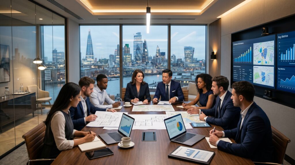 A male and a female lead investor in sophisticated business attire spearhead a strategic meeting in a modern, high-end executive conference room. They are surrounded by a diverse team of young professionals, all engaged in a collaborative discussion over real estate data and documents spread across a sleek, polished table. The setting features floor-to-ceiling windows overlooking a vibrant city skyline, integrated digital displays showing market charts, and warm architectural lighting that emphasizes a focused, professional atmosphere.