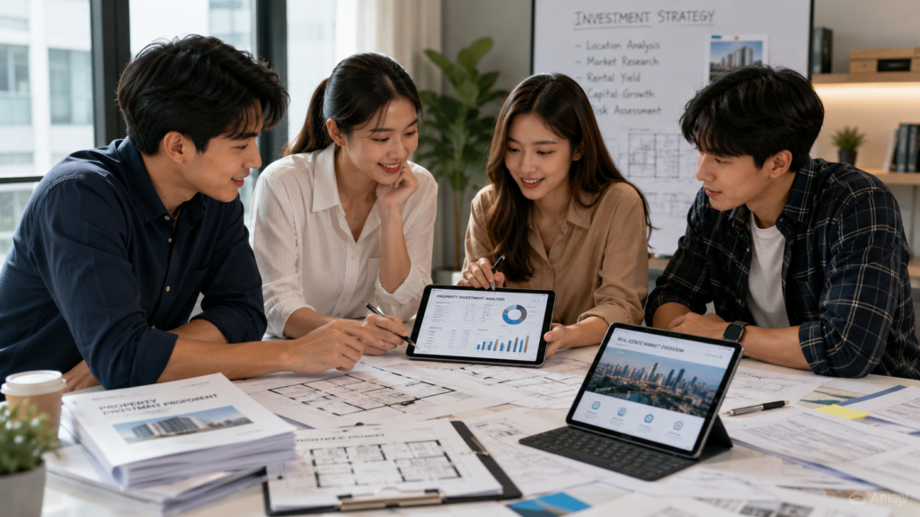 Four Gen Z professionals, two women and two men, are engaged in a focused business collaboration within a bright, contemporary workspace. They are dressed in modern business-casual attire, gathered around a table scattered with property documents, architectural floor plans, and digital tablets showing real estate data. The lighting is soft and natural, highlighting their collaborative expressions and the professional atmosphere. The scene emphasizes a clean, realistic aesthetic with sharp focus on the interpersonal interaction and the analytical materials relevant to property investment.