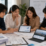 Four Gen Z professionals, two women and two men, are engaged in a focused business collaboration within a bright, contemporary workspace. They are dressed in modern business-casual attire, gathered around a table scattered with property documents, architectural floor plans, and digital tablets showing real estate data. The lighting is soft and natural, highlighting their collaborative expressions and the professional atmosphere. The scene emphasizes a clean, realistic aesthetic with sharp focus on the interpersonal interaction and the analytical materials relevant to property investment.