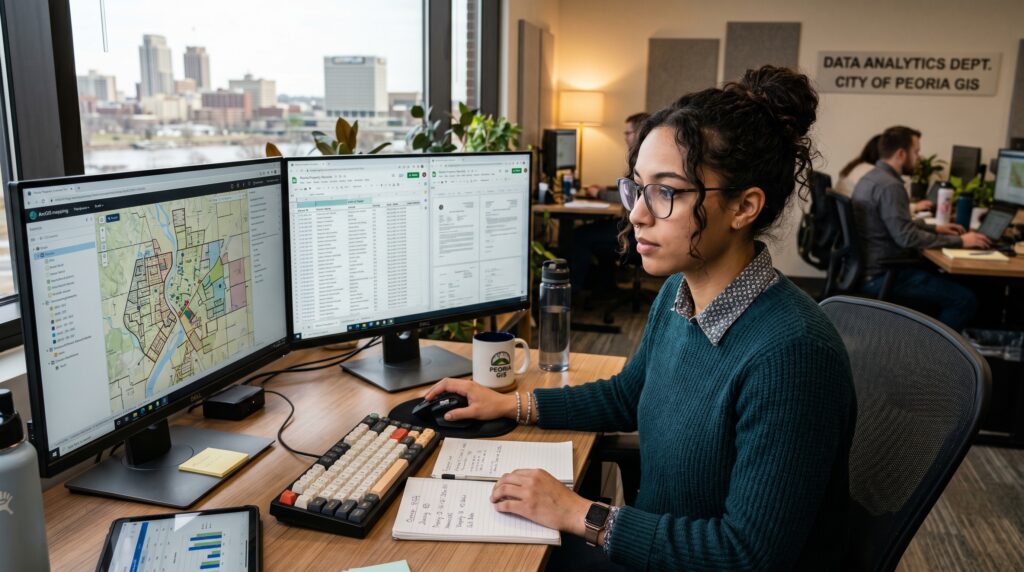A young Gen Z woman with a studious, tech-savvy appearance, wearing modern glasses and casual office attire, sits intently at a desk. She is focused on digital displays filled with data spreadsheets and public record documents. The lighting is soft and focused, highlighting her concentrated expression as she navigates map software on a screen. The background features a professional workspace with subtle architectural hints of Peoria, reflecting a serious yet modern approach to real estate research.