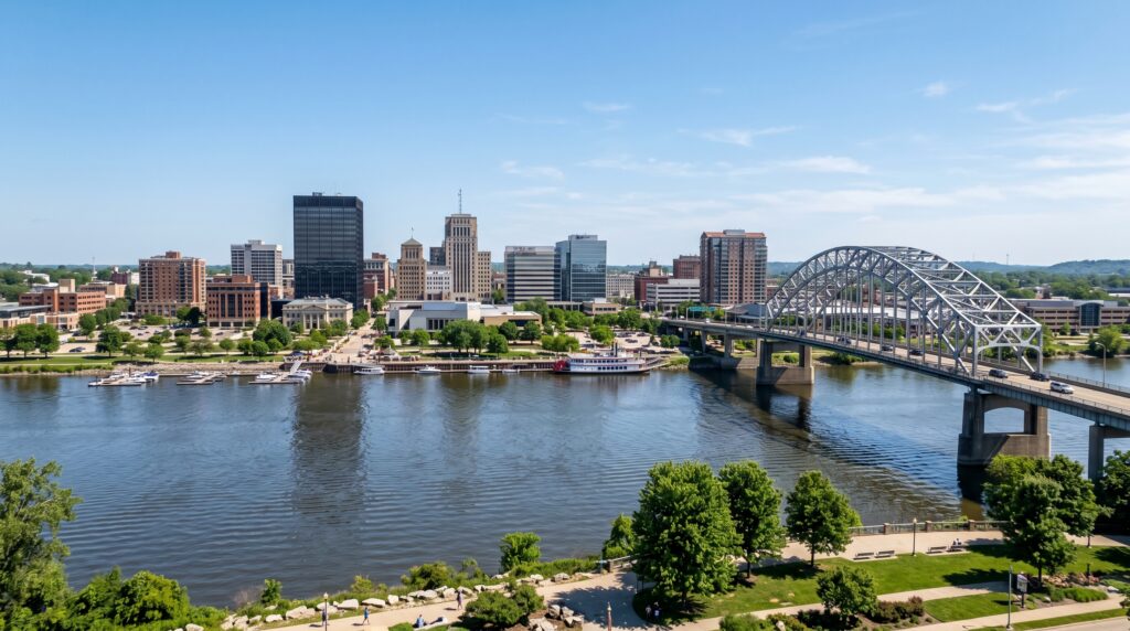 Scenic view of the Peoria skyline along the Illinois River, featuring the architectural details of the downtown buildings and the structural design of the Murray Baker Bridge. The landscape is captured with natural daylight, emphasizing the textures of the water's surface and the greenery of the riverfront. Clear atmospheric conditions provide depth and clarity to the urban scene while maintaining the original composition and city layout.