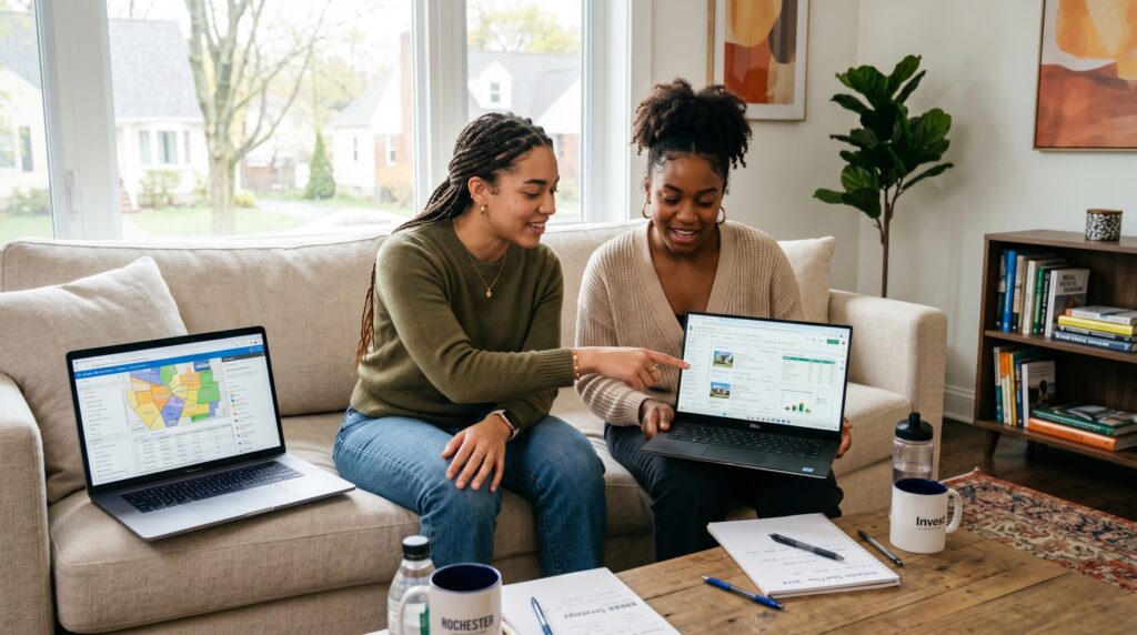 Two Gen Z women working as real estate investors, sitting collaboratively on a comfortable sofa in a modern home. Their laptops display detailed property data and maps focused on Rochester, New York. The scene is lit with natural indoor light, highlighting their focused expressions and the casual yet professional atmosphere of their strategy session.
