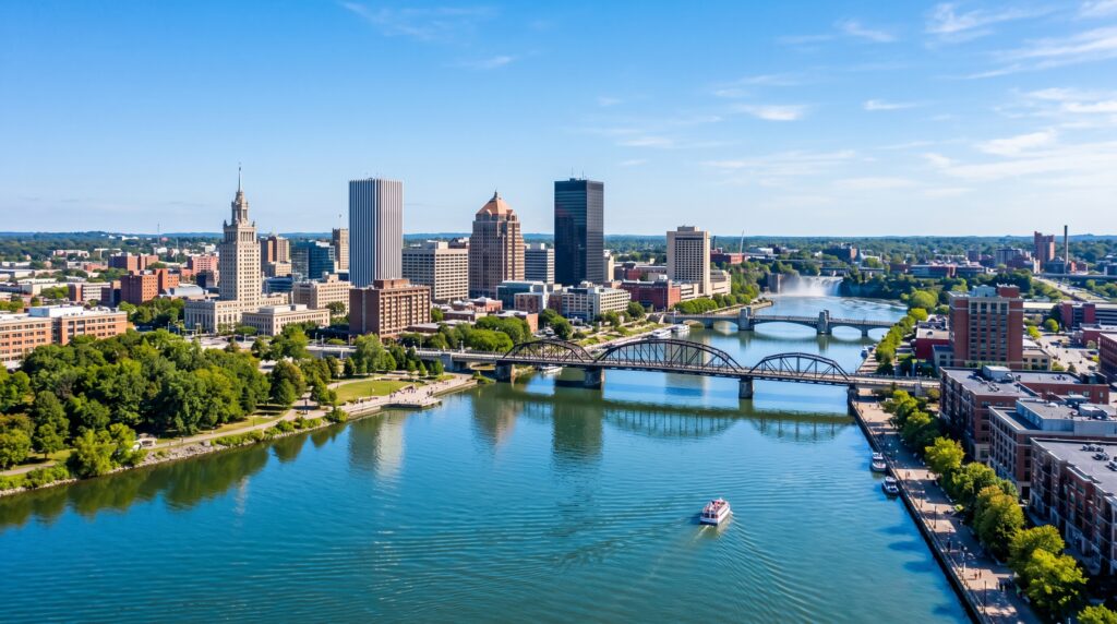 A sweeping panoramic view of the Rochester, New York skyline, emphasizing the architectural silhouettes and the flowing Genesee River in the foreground. Enhance the clarity of the bridges and waterfront buildings, with vibrant lighting reflecting off the water's surface. The scene should feel expansive and detailed, capturing the distinct urban layout and natural landmarks under a clear, bright sky.
