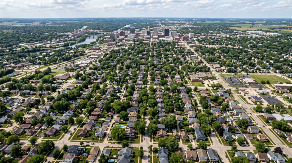 A distant aerial perspective of the Rockford, Illinois housing landscape, showcasing a vast expanse of residential neighborhoods with diverse architectural styles, tree-lined avenues, and a dense arrangement of suburban rooftops sprawling across the Midwestern terrain.