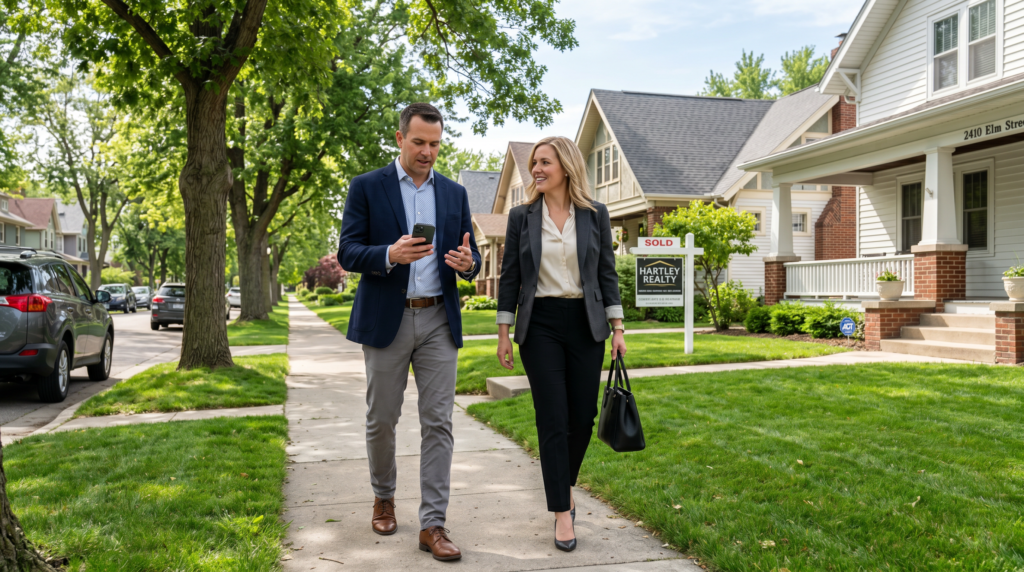 A sharp, professional portrayal of a male real estate investor and his female business partner walking along a residential sidewalk in a Midwestern neighborhood. Both are dressed in modern business casual attire, with the man focused on a smartphone screen while they discuss the surrounding properties. The scene features classic suburban architecture with mature trees and manicured lawns under bright, natural daylight, emphasizing a confident and successful business atmosphere.