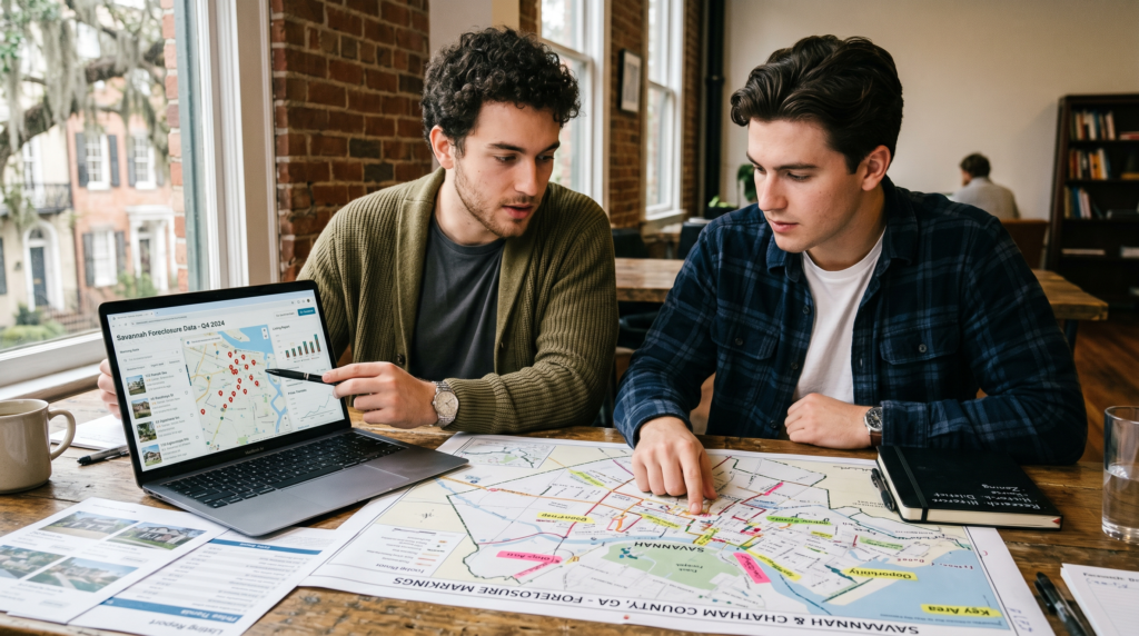 Two Gen Z men in modern casual-professional attire, focused and collaborative as they analyze a detailed map of Savannah and its surrounding counties. The scene emphasizes their concentration on real estate data and foreclosure listings displayed on a laptop screen and printed materials spread across the table. The lighting is soft and natural, highlighting the textures of their clothing and the strategic layout of the workspace, while maintaining the original composition and subjects.