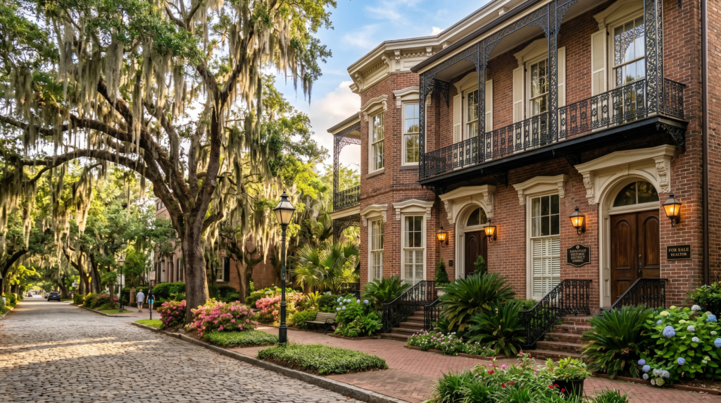 Reimagine the scene with characteristic Savannah, Georgia architectural elements, featuring historic brickwork, ornate wrought iron railings, and grand windows. Incorporate flowing Spanish moss draped from the surrounding trees and lush, manicured southern greenery. Apply a soft, warm daylight to highlight the textures of the facades, creating an inviting and professional real estate aesthetic that captures the charm of the historic district.