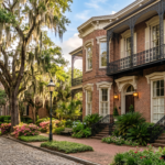 Reimagine the scene with characteristic Savannah, Georgia architectural elements, featuring historic brickwork, ornate wrought iron railings, and grand windows. Incorporate flowing Spanish moss draped from the surrounding trees and lush, manicured southern greenery. Apply a soft, warm daylight to highlight the textures of the facades, creating an inviting and professional real estate aesthetic that captures the charm of the historic district.