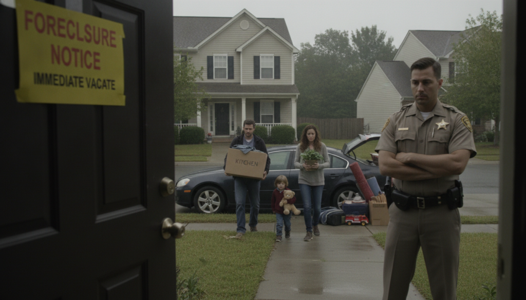 A uniformed sheriff with a badge stands by the front door of a suburban house, watching as a family carries cardboard boxes and personal belongings toward a parked car. A bright foreclosure notice is taped to the front door. The parents look somber and weary, carrying heavy containers of household items, while a young child clutches a single toy. The scene is set in a quiet residential neighborhood under a gray, overcast sky, capturing a heavy and somber atmosphere.