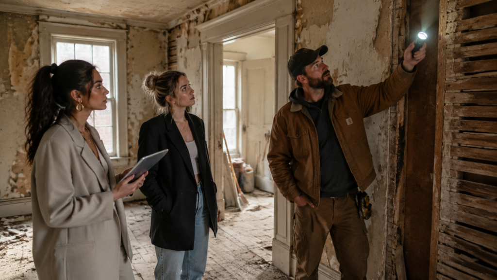 Two stylish Gen Z women in modern professional attire and a home inspector in rugged work gear examine the interior of a distressed, as-is property. The setting features authentic signs of wear, such as peeling wallpaper, exposed wooden laths, and dusty floorboards. The inspector points a flashlight toward a structural detail while the women observe with focused, analytical expressions, one holding a digital tablet. Soft, natural light filters through grime-streaked windows, highlighting the gritty textures and realistic atmosphere of a home renovation project in progress.