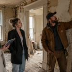 Two stylish Gen Z women in modern professional attire and a home inspector in rugged work gear examine the interior of a distressed, as-is property. The setting features authentic signs of wear, such as peeling wallpaper, exposed wooden laths, and dusty floorboards. The inspector points a flashlight toward a structural detail while the women observe with focused, analytical expressions, one holding a digital tablet. Soft, natural light filters through grime-streaked windows, highlighting the gritty textures and realistic atmosphere of a home renovation project in progress.