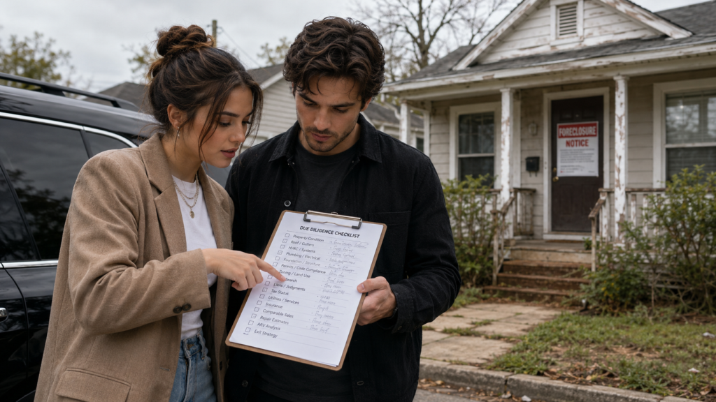 A Gen Z female real estate investor in smart-casual modern attire and her male business partner stand together near a parked vehicle, both focused on a detailed due diligence checklist held on a clipboard. The woman points to a specific item on the paper as they discuss their strategy. In the background, a slightly weathered suburban house with a foreclosure notice on the door is visible under the soft, natural light of an overcast day. Their expressions are serious and collaborative, capturing a moment of professional preparation before viewing the property to place a bid.