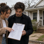 A Gen Z female real estate investor in smart-casual modern attire and her male business partner stand together near a parked vehicle, both focused on a detailed due diligence checklist held on a clipboard. The woman points to a specific item on the paper as they discuss their strategy. In the background, a slightly weathered suburban house with a foreclosure notice on the door is visible under the soft, natural light of an overcast day. Their expressions are serious and collaborative, capturing a moment of professional preparation before viewing the property to place a bid.