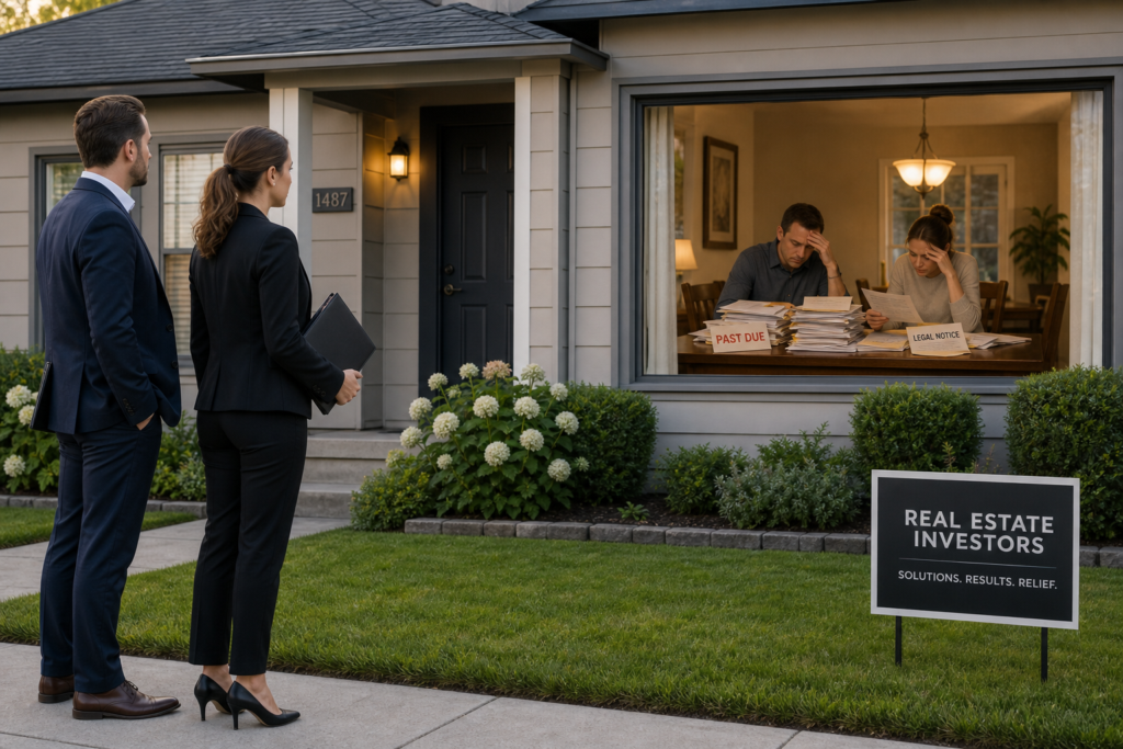 A professional male and female real estate investor duo stands in the front yard of a neatly manicured suburban single-family house. Through the large front window, a husband and wife are visible sitting at their dining table, visibly distressed and overwhelmed as they look over a tall stack of past-due bills and legal documents. The investors observe the scene from the sidewalk with a composed and ready demeanor, while the interior scene captures the couple's mounting worry over their financial situation. The composition balances the well-kept exterior of the home with the tense, emotional struggle occurring just inside the glass.