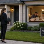 A professional male and female real estate investor duo stands in the front yard of a neatly manicured suburban single-family house. Through the large front window, a husband and wife are visible sitting at their dining table, visibly distressed and overwhelmed as they look over a tall stack of past-due bills and legal documents. The investors observe the scene from the sidewalk with a composed and ready demeanor, while the interior scene captures the couple's mounting worry over their financial situation. The composition balances the well-kept exterior of the home with the tense, emotional struggle occurring just inside the glass.