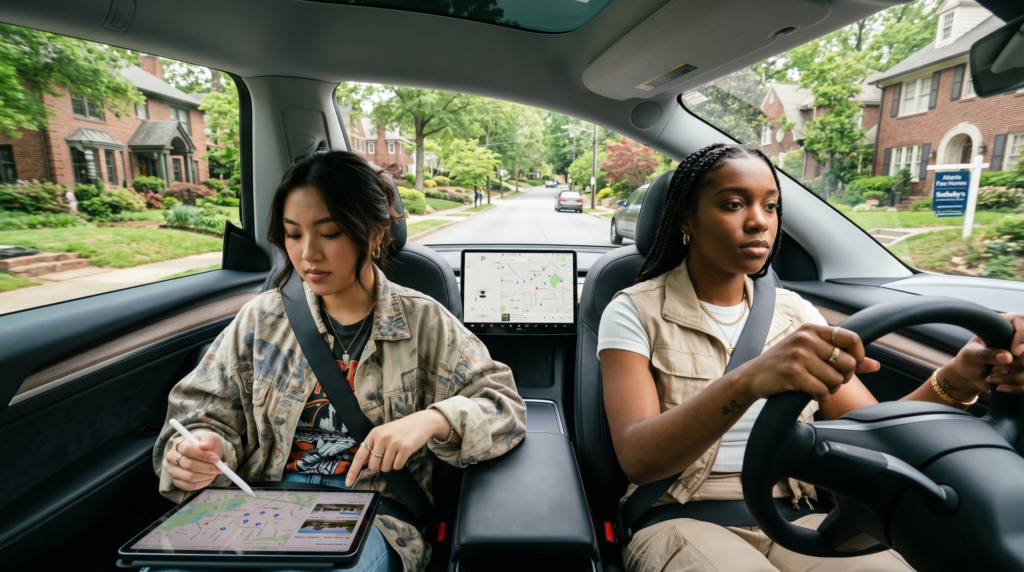 Two Gen Z women with contemporary styling inside a modern car, driving through a residential Atlanta neighborhood with characteristic brick houses and lush greenery visible through the windows. The driver remains focused on the street while the passenger uses a digital tablet displaying real estate maps and property data, both looking observant as they scout the suburban landscape. The scene is lit by bright, natural daylight, emphasizing a professional yet determined atmosphere within the car's interior.