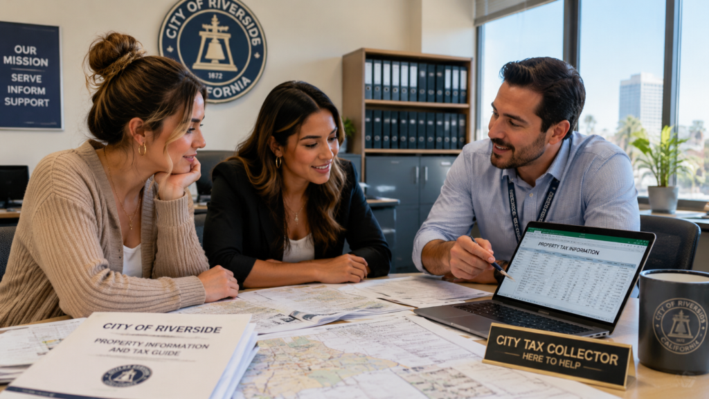 Two young professional women in modern Gen Z business-casual attire confer with a helpful male city tax collector in a government office setting. They are gathered around a desk layered with property maps and official documents. The collector is leaning forward with an engaged and supportive expression, pointing to specific entries on a spreadsheet. The background features typical municipal office elements like filing cabinets, rows of binders, and a city seal on the wall, with bright natural light illuminating the collaborative scene.