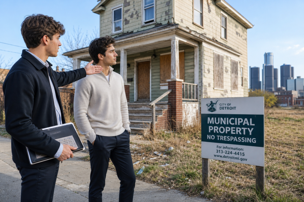 Two Gen Z male real estate investors in modern business-casual attire, standing on a city street and evaluating a weathered, municipal-owned house next to a vacant lot. They are engaged in a serious discussion, with one gesturing toward the property while the other looks on analytically. The scene captures the contrast between their sharp, contemporary appearance and the aged textures of the urban redevelopment site under clear, natural light.