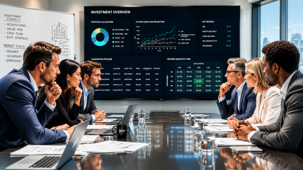 A group of focused real estate investors in a modern boardroom, leaning forward with intense expressions. They are closely watching a digital presentation filled with complex financial diagrams and data. The scene features sharp business attire and dramatic bright office lighting that emphasizes their concentration and the glow from the screen.A group of focused real estate investors in a modern boardroom, leaning forward with intense expressions. They are closely watching a digital presentation filled with complex financial diagrams and data. The scene features sharp business attire and dramatic office lighting that emphasizes their concentration and the glow from the screen.