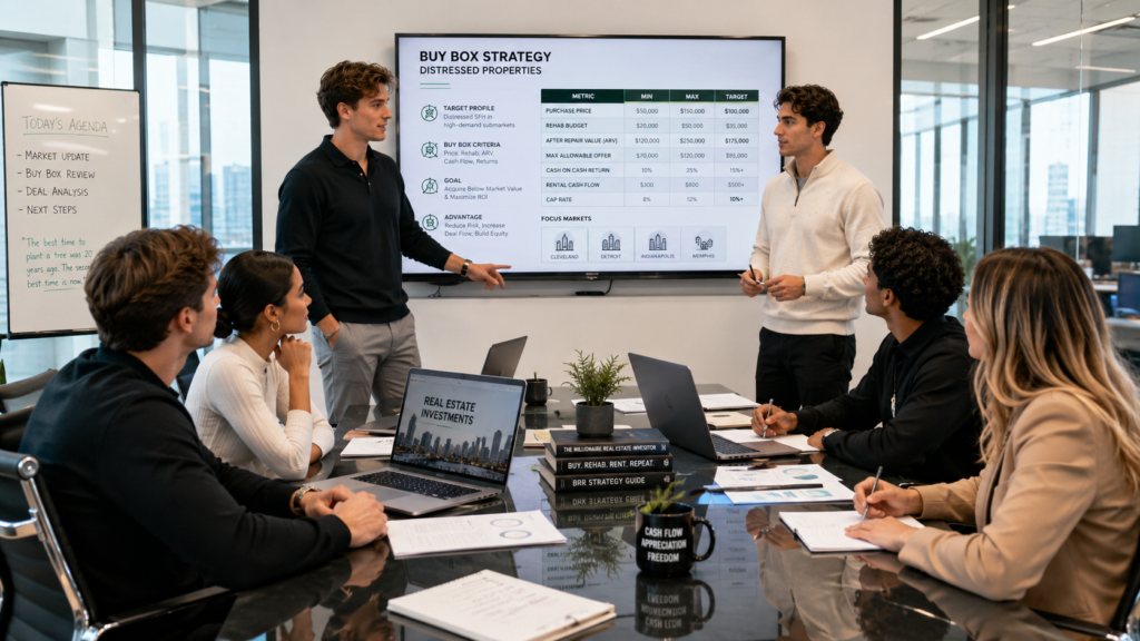 Two young male Gen Z real estate investors in modern business-casual attire lead a strategic discussion in a glass-walled conference room. They are focused on a collaborative "buy box" strategy for distressed properties, with one investor gesturing toward a shared screen or document. Surrounding them at the sleek conference table, a small group of colleagues participates actively, showing expressions of engagement and contribution. The scene features bright, natural office lighting and a contemporary professional atmosphere that emphasizes teamwork and financial planning.
