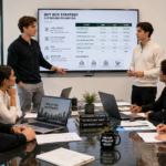 Two young male Gen Z real estate investors in modern business-casual attire lead a strategic discussion in a glass-walled conference room. They are focused on a collaborative "buy box" strategy for distressed properties, with one investor gesturing toward a shared screen or document. Surrounding them at the sleek conference table, a small group of colleagues participates actively, showing expressions of engagement and contribution. The scene features bright, natural office lighting and a contemporary professional atmosphere that emphasizes teamwork and financial planning.