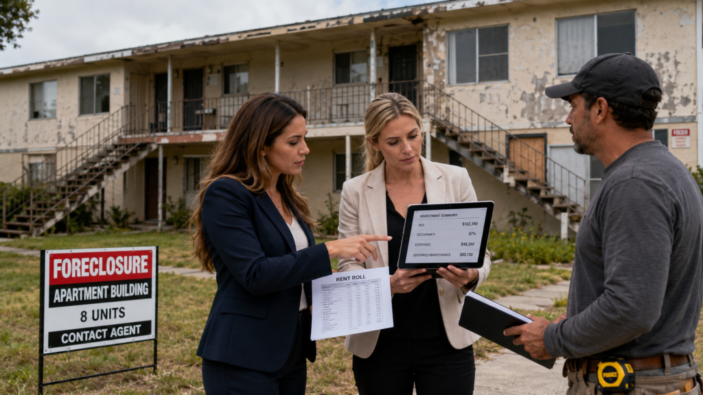 Two professional female real estate investors standing in front of a foreclosure multifamily apartment building analyzing rent roll, NOI, deferred maintenance, and occupancy risk as their contractor listens to them.