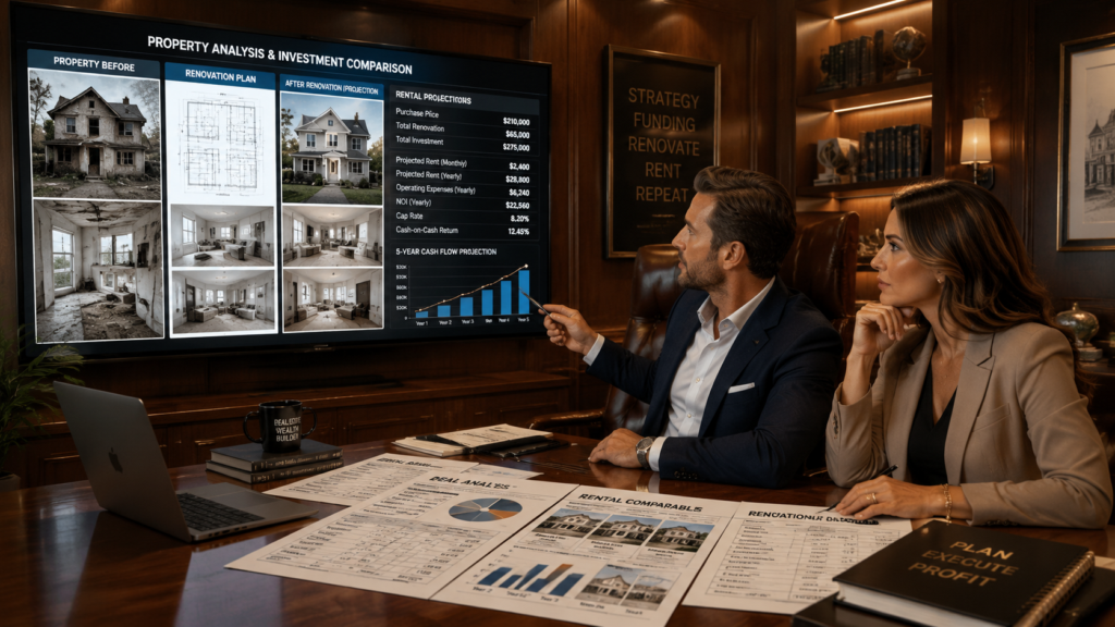 A professional real estate investing couple in a sophisticated home office with elegant wood paneling and warm ambient lighting. They are focused on a large display showing side-by-side comparisons of renovation plans, rental projections, and photos of a distressed property. The scene captures their collaborative effort, with detailed financial documents and property analysis charts spread across a polished desk, emphasizing a mood of strategic success and professional determination.