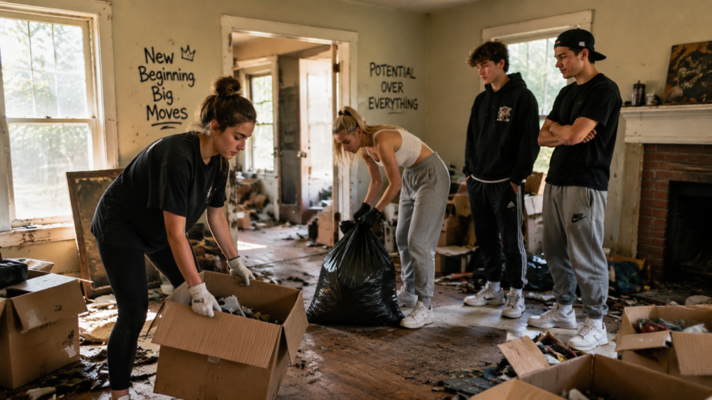Two young Gen Z women in casual contemporary clothing actively clearing debris and discarded boxes from a cluttered, dusty foreclosure home interior. They are focused on the physical work of cleaning and moving items, while two Gen Z men in modern streetwear stand nearby, watching them work from a relaxed stance. The setting is a neglected room with worn surfaces and scattered household items, illuminated by natural light from the windows.
