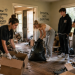 Two young Gen Z women in casual contemporary clothing actively clearing debris and discarded boxes from a cluttered, dusty foreclosure home interior. They are focused on the physical work of cleaning and moving items, while two Gen Z men in modern streetwear stand nearby, watching them work from a relaxed stance. The setting is a neglected room with worn surfaces and scattered household items, illuminated by natural light from the windows.