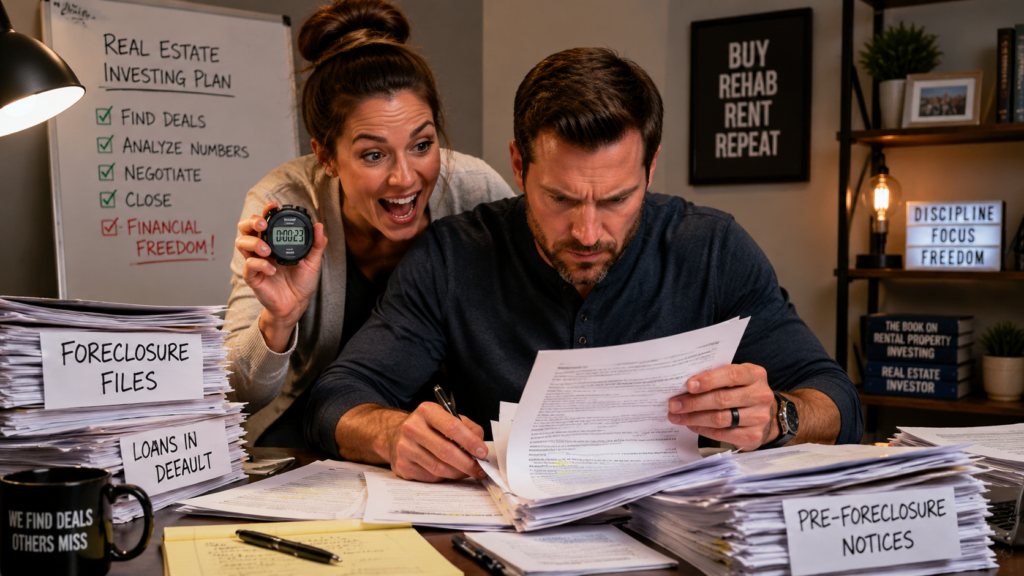 A husband and wife real estate investing team at a desk, with the wife leaning over her husband's shoulder holding a stopwatch and wearing an excited, joyful expression. The husband is intensely focused, quickly scanning through thick stacks of legal foreclosure documents spread before him. The scene captures a sense of energetic teamwork and urgency, emphasizing the husband's concentration and the clear display of the stopwatch in the wife's hand.