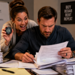 A husband and wife real estate investing team at a desk, with the wife leaning over her husband's shoulder holding a stopwatch and wearing an excited, joyful expression. The husband is intensely focused, quickly scanning through thick stacks of legal foreclosure documents spread before him. The scene captures a sense of energetic teamwork and urgency, emphasizing the husband's concentration and the clear display of the stopwatch in the wife's hand.
