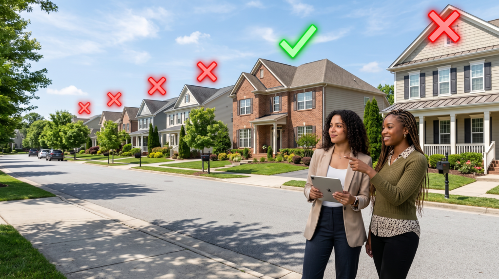 A row of well-maintained suburban houses lines a clean street, each featuring a large red X floating above its roof, except for one central house marked with a vibrant green check mark. Standing on the sidewalk in the foreground, two stylish Gen Z women in modern professional-casual attire observe the scene. One holds a sleek digital tablet while the other points toward the house with the green check mark, both displaying confident and savvy expressions. The neighborhood is bright and sunny, with manicured lawns and clear blue skies, highlighting the contrast between the digital icons and the realistic residential setting.