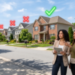A row of well-maintained suburban houses lines a clean street, each featuring a large red X floating above its roof, except for one central house marked with a vibrant green check mark. Standing on the sidewalk in the foreground, two stylish Gen Z women in modern professional-casual attire observe the scene. One holds a sleek digital tablet while the other points toward the house with the green check mark, both displaying confident and savvy expressions. The neighborhood is bright and sunny, with manicured lawns and clear blue skies, highlighting the contrast between the digital icons and the realistic residential setting.