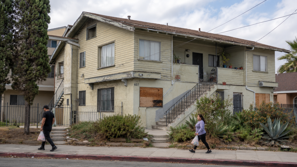 A small apartment building showing some signs of distress as tenants walk by.