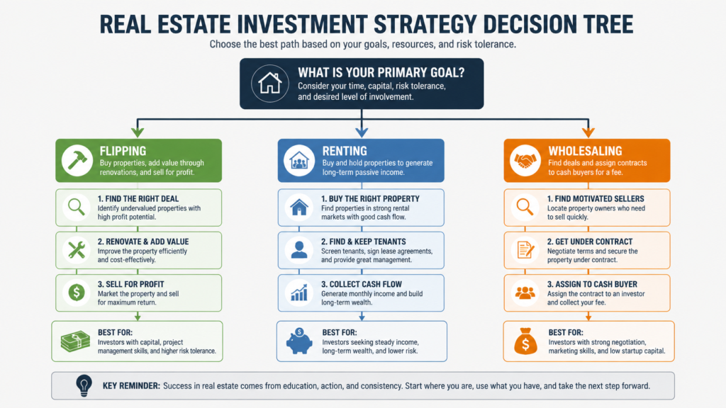 A professional infographic decision tree focused on real estate investment strategies. The flowchart features clean, structured nodes and connecting lines that branch into three distinct paths for flipping, renting, and wholesaling. Each strategy path is subtly color-coded for clarity against a neutral, minimalist background. The typography is modern and legible, with sharp borders for the text boxes and a logical, easy-to-follow layout that maintains the original diagram's structure and flow.