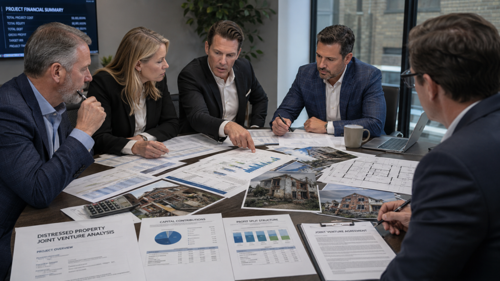 Professional real estate investors gathered around a conference table, intensely reviewing detailed financial spreadsheets, capital contribution charts, and legal contracts. The scene focuses on their collaborative discussion regarding a distressed property joint venture, with architectural blueprints and photos of a weathered building visible among the paperwork. Soft office lighting highlights the textures of the documents and the analytical expressions of the individuals as they negotiate profit splits and project responsibilities.