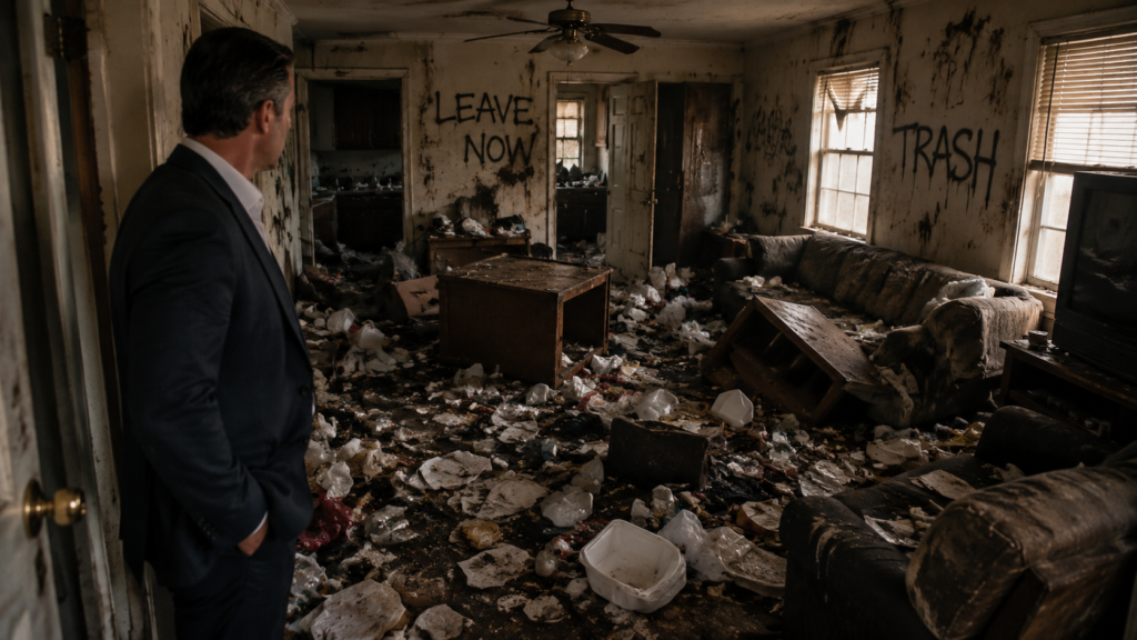 A well-dressed landlord stands at the entrance of a severely vandalized home, looking over a scene of total disarray. The floor is buried under a thick layer of scattered trash, broken household items, and discarded debris. Furniture is overturned and damaged, while the walls are marked with stains and grime. The atmosphere is heavy with neglect, illuminated by dim light filtering through dirty windows that highlights the gritty textures of the mess and the distressed expression of the owner.