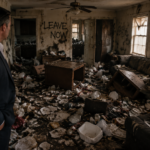 A well-dressed landlord stands at the entrance of a severely vandalized home, looking over a scene of total disarray. The floor is buried under a thick layer of scattered trash, broken household items, and discarded debris. Furniture is overturned and damaged, while the walls are marked with stains and grime. The atmosphere is heavy with neglect, illuminated by dim light filtering through dirty windows that highlights the gritty textures of the mess and the distressed expression of the owner.