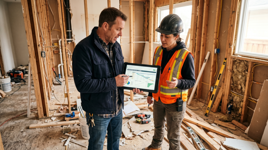 A male house flipper and a female construction foreman in a high-visibility vest stand inside a residential property mid-renovation, surrounded by exposed wall studs and construction debris. They are closely examining a project schedule and financial charts on a large tablet, engaged in a focused discussion about the trade-offs between a rapid completion and long-term investment strategy. The lighting is natural and bright, highlighting the textures of raw wood and plaster within the active construction site.