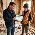 A male house flipper and a female construction foreman in a high-visibility vest stand inside a residential property mid-renovation, surrounded by exposed wall studs and construction debris. They are closely examining a project schedule and financial charts on a large tablet, engaged in a focused discussion about the trade-offs between a rapid completion and long-term investment strategy. The lighting is natural and bright, highlighting the textures of raw wood and plaster within the active construction site.